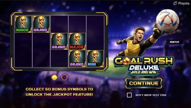 Goal Rush Deluxe - hoofdmenu met rollen en stadiontribunes